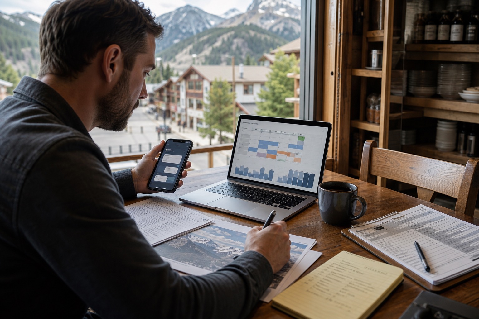 Restaurant owner planning staffing and bookings with a phone assistant and calendar dashboard