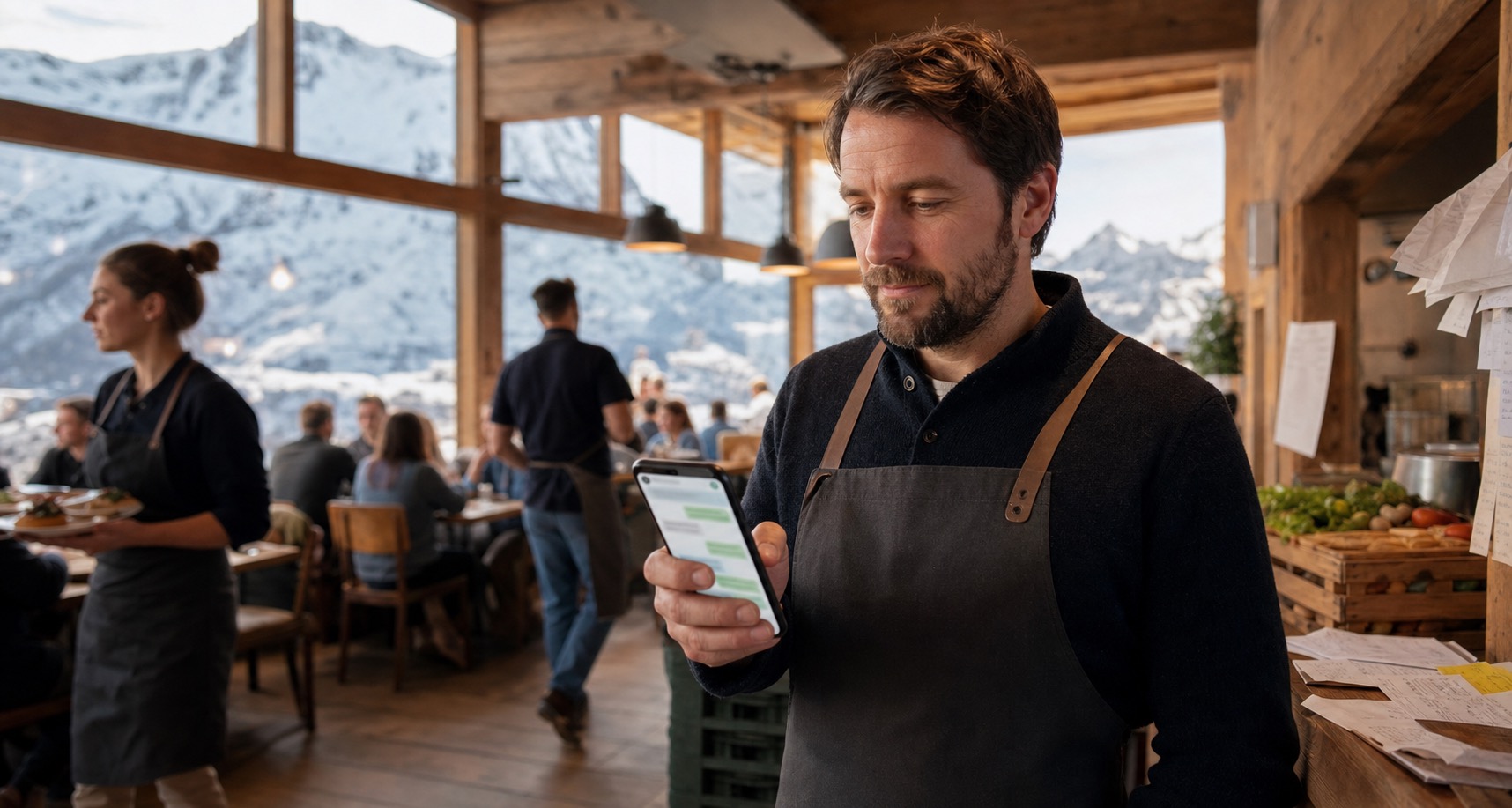 Mountain restaurant owner managing service from a phone during lunch