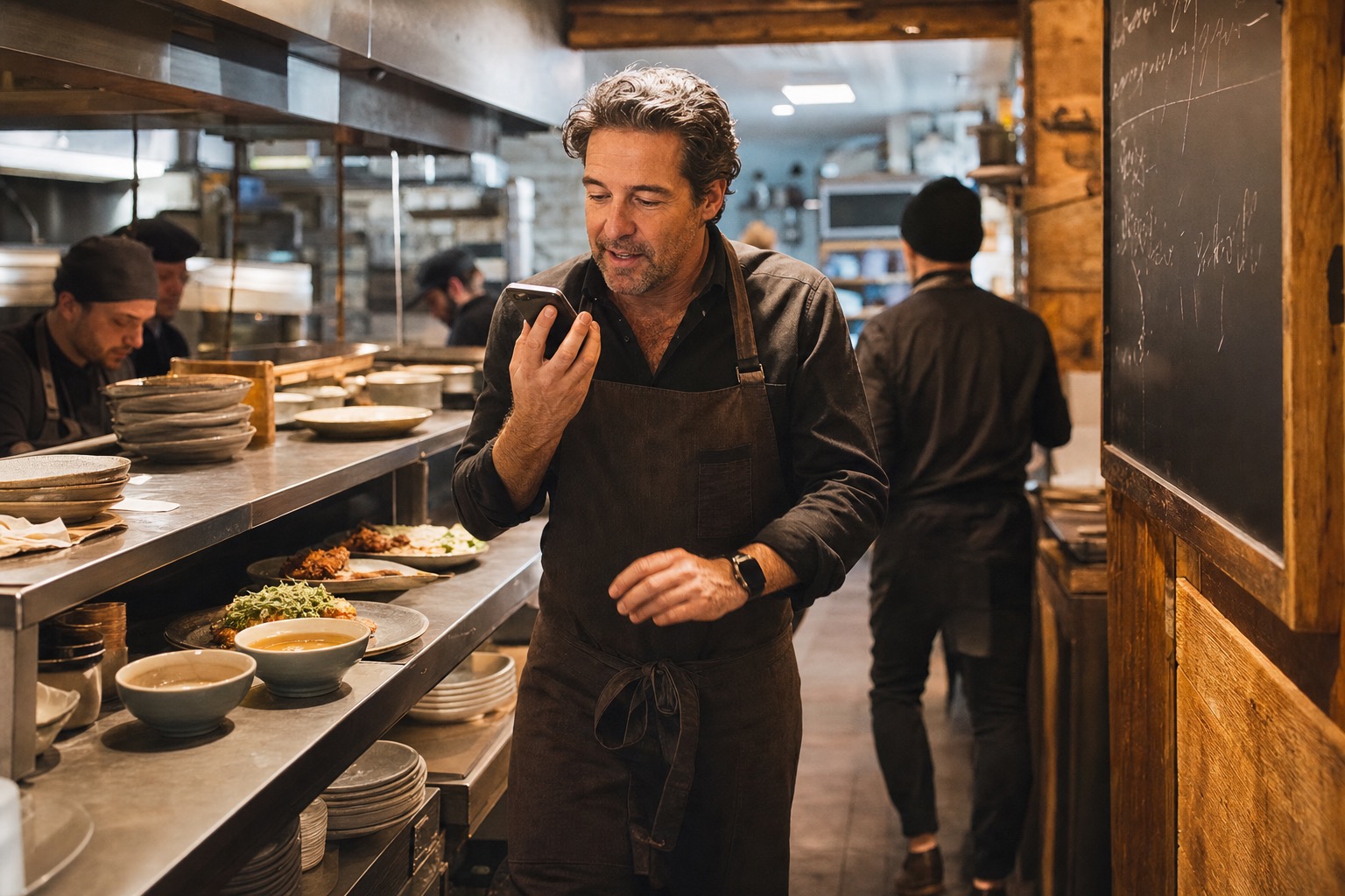 Restaurant owner recording a voice note in a busy alpine kitchen